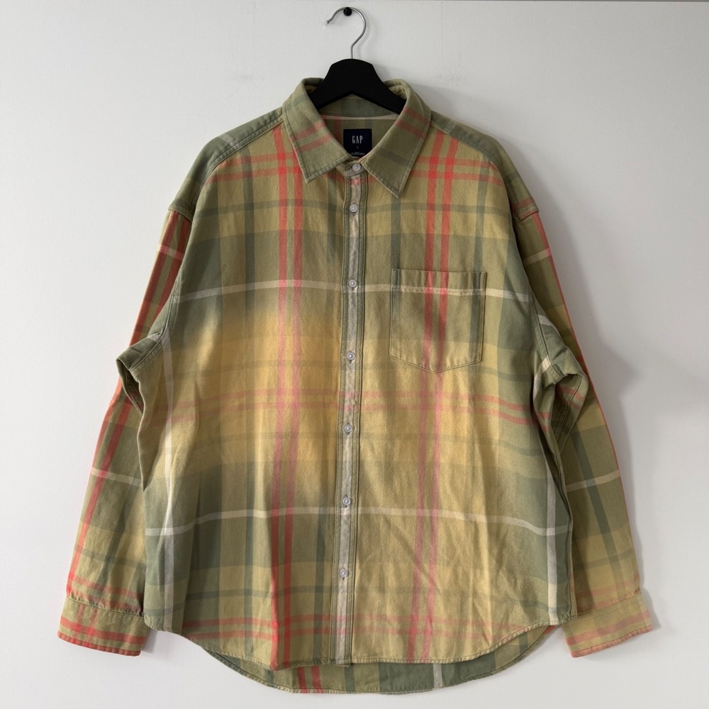 Gap The Big Shirt Mens Large Douglas Fir Plaid Ultrasoft Sunwashed Cotton Green